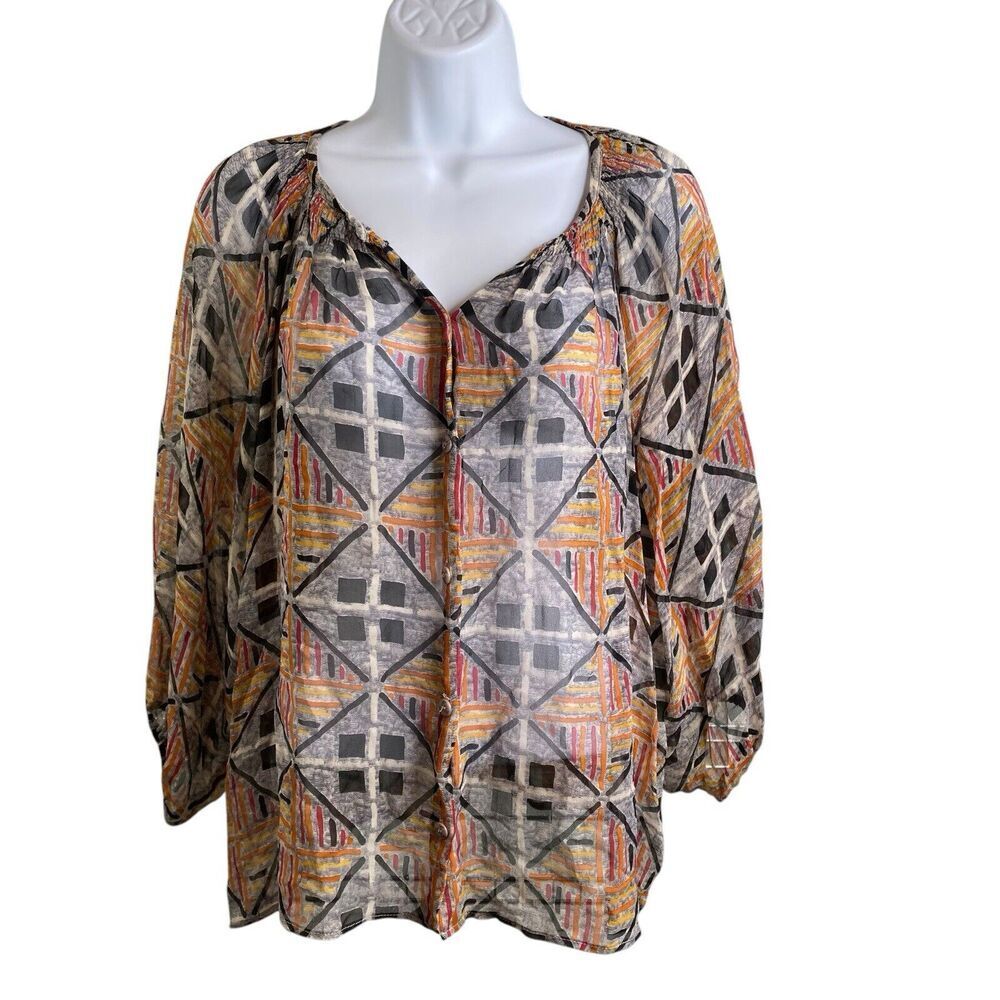 Tucker Women's‎ Silk Peasant Blouse Size L Cottegecore Boho Hippie Flowy Aztec